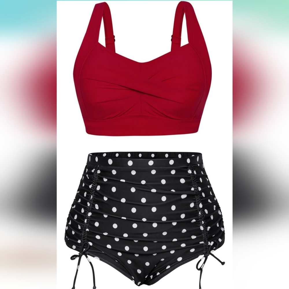 Hanna Nikole Red Bikini Top and Black Polka Dot High-Waisted Bottoms SZ 14W🏖